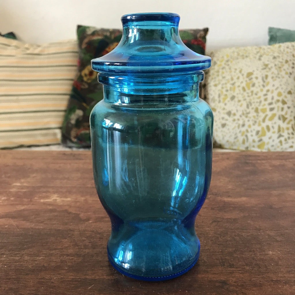 Lot de 2 bocaux publicitaires en verre moulé bleu Lever par Hello Broc brocante en ligne