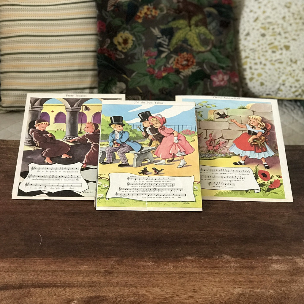 Lot de 3 planches illustrées recto et verso et paroles de chansons enfantines par Hello Broc brocante en ligne