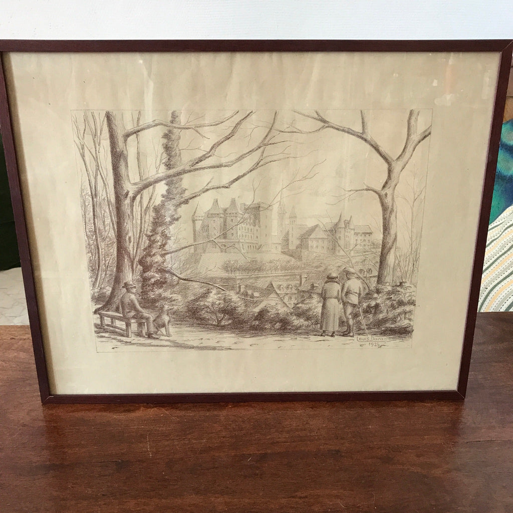 Dessin au crayon de Louis Daran daté de 1924 - vue du château de Pau - Hello Broc