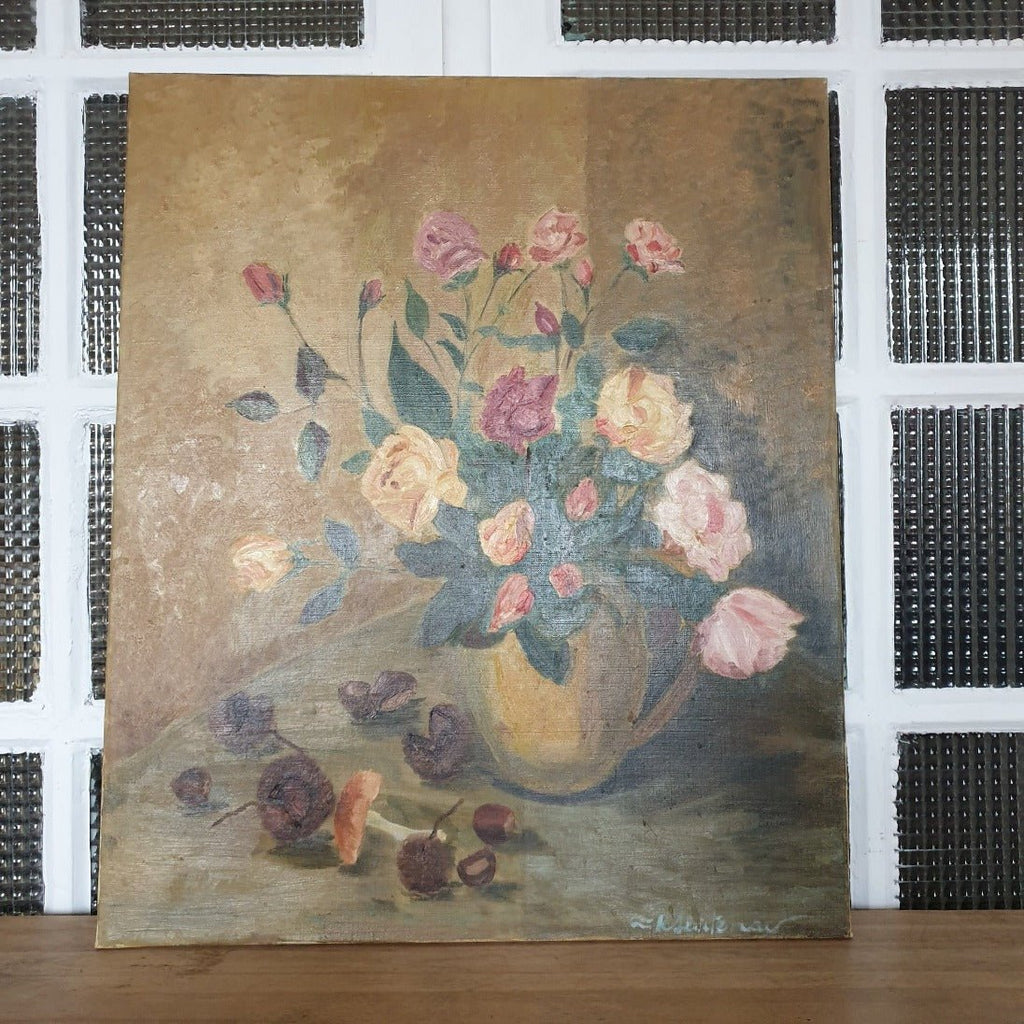 Tableau huile sur toile bouquet de fleurs, marrons et champignon 54 x 65 cm - Hello Broc