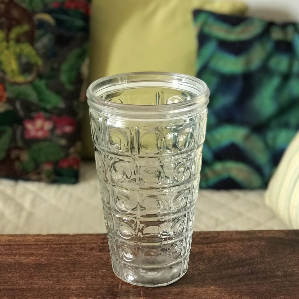 Vase de forme évasée en verre moulé années 70 décor quadrillé et rond en cabochons - Hello Broc
