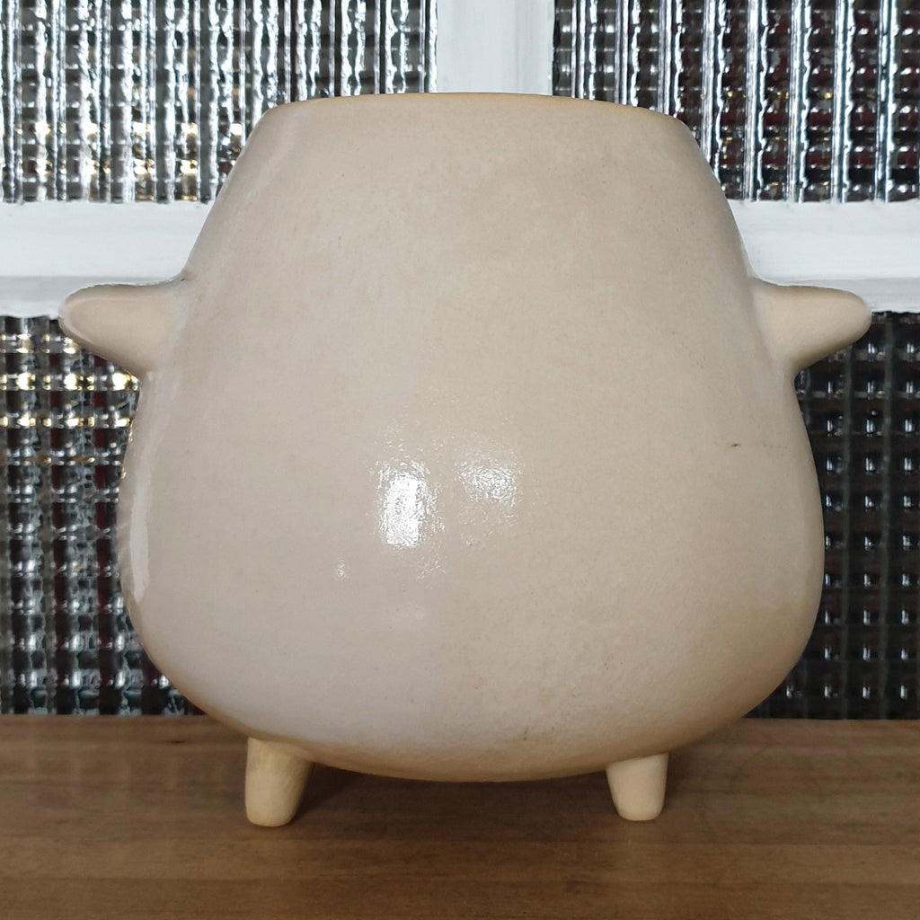 Grand cache - pot en grès blanc vintage vernissé tripode par la brocante en ligne Hello Broc