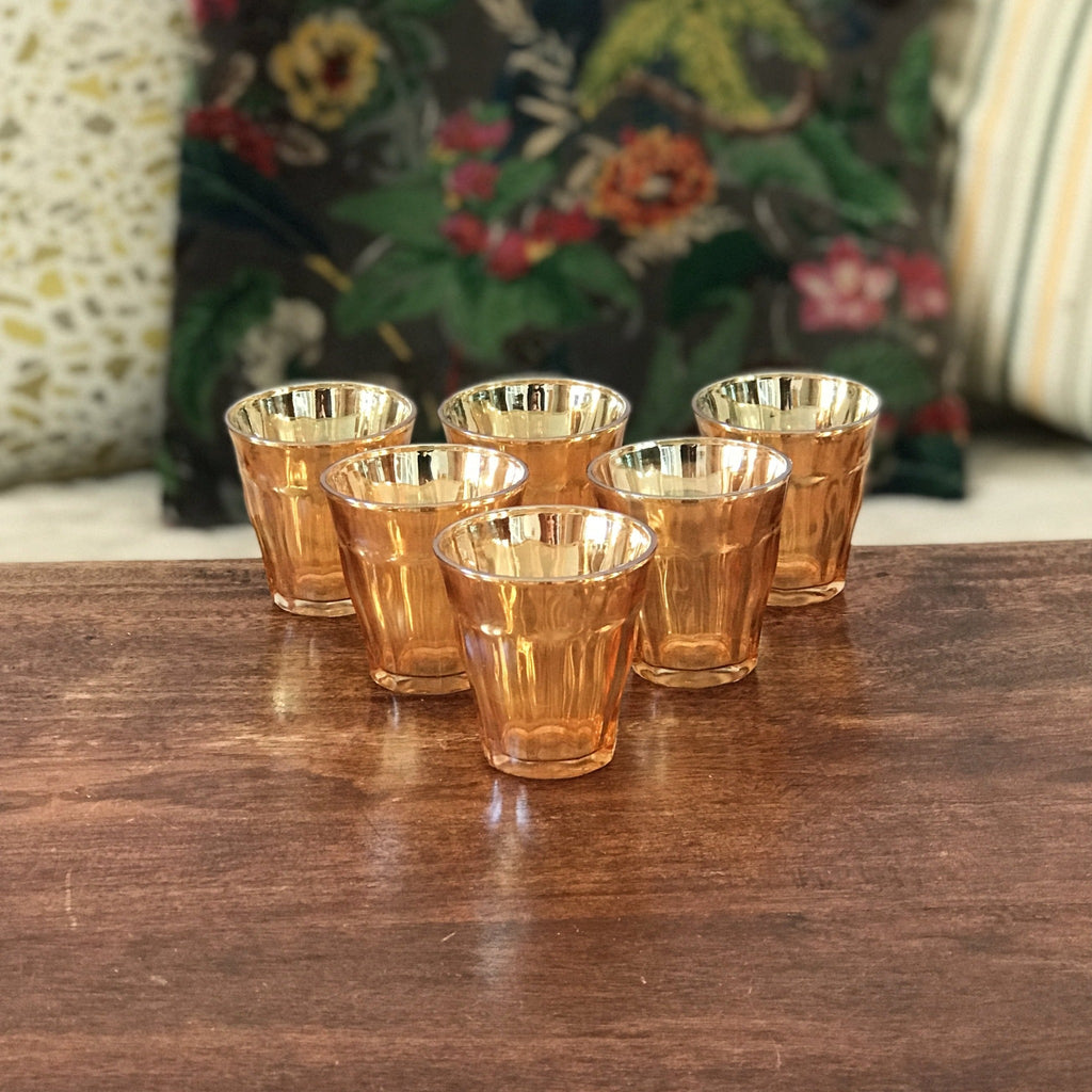 Lot de 6 petits gobelets en verre moulé orange irisé dans le style Picardie de Duralex - Hello Broc