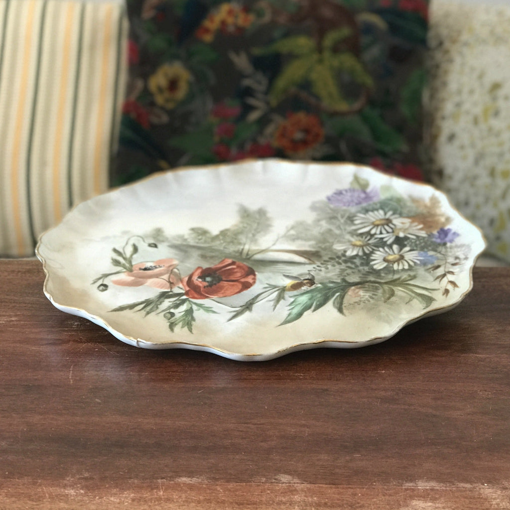 Grand plat en porcelaine de Limoges Jean Pouyat décor polychrome de fleurs peint à la main fin 19e début 20e siècle par Hello Broc brocante en ligne