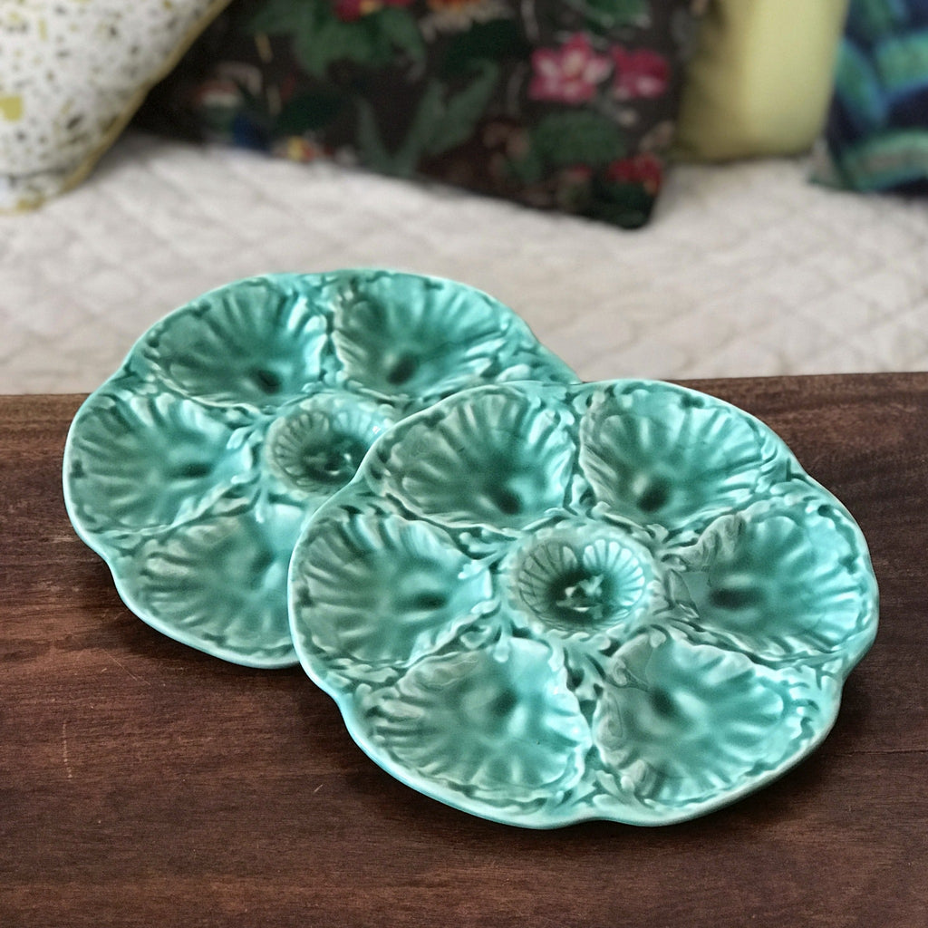 Paire d'assiettes à coquillages ou fruits de mer turquoise en faïence de Gien - 8 lots en stock - Hello Broc