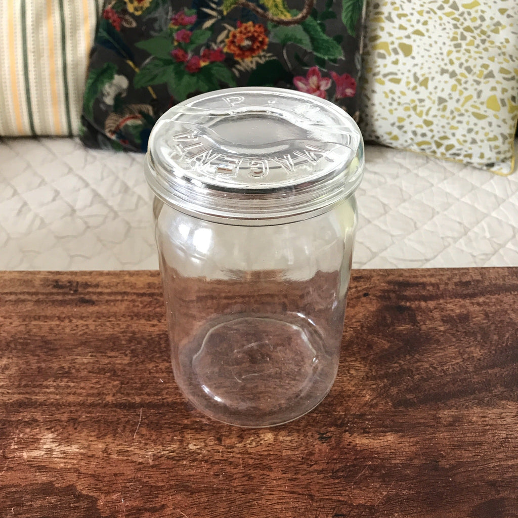 Grand bocal vintage 1 litre en verre moulé et son couvercle par Hello Broc brocante en ligne
