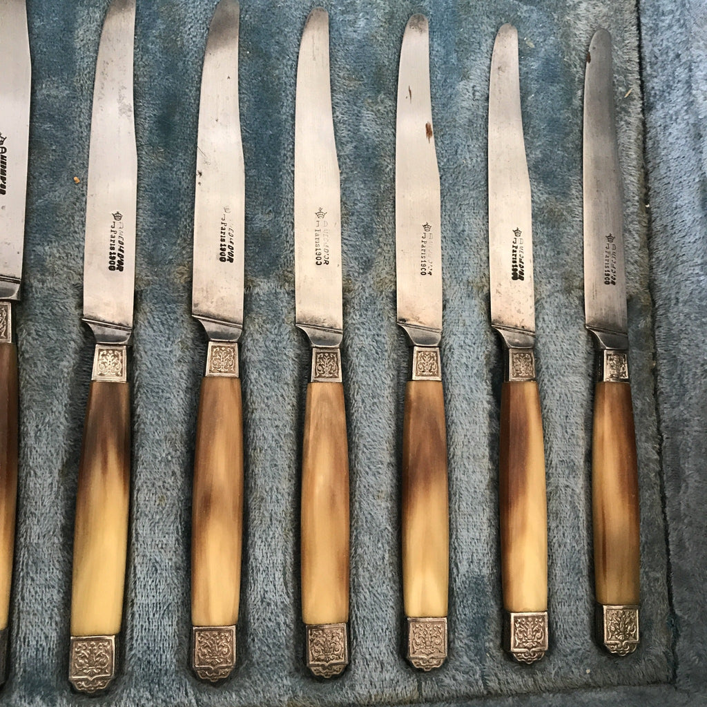 Service à gigot et à salade Coutellerie Delaire Art Nouveau métal et manches en corne - Hello Broc