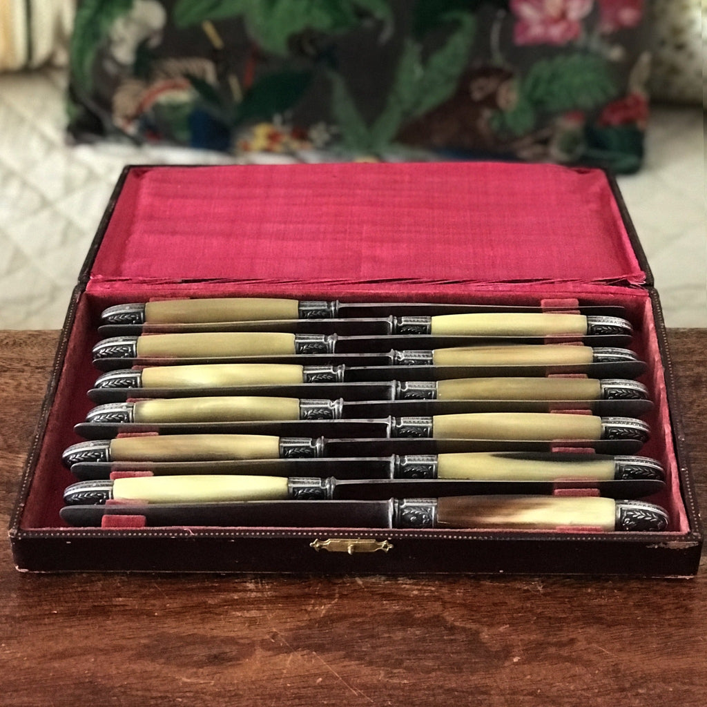 Coffret ménagère de 12 couteaux manche en corne, détails en métal argenté par Hello Broc brocante en ligne