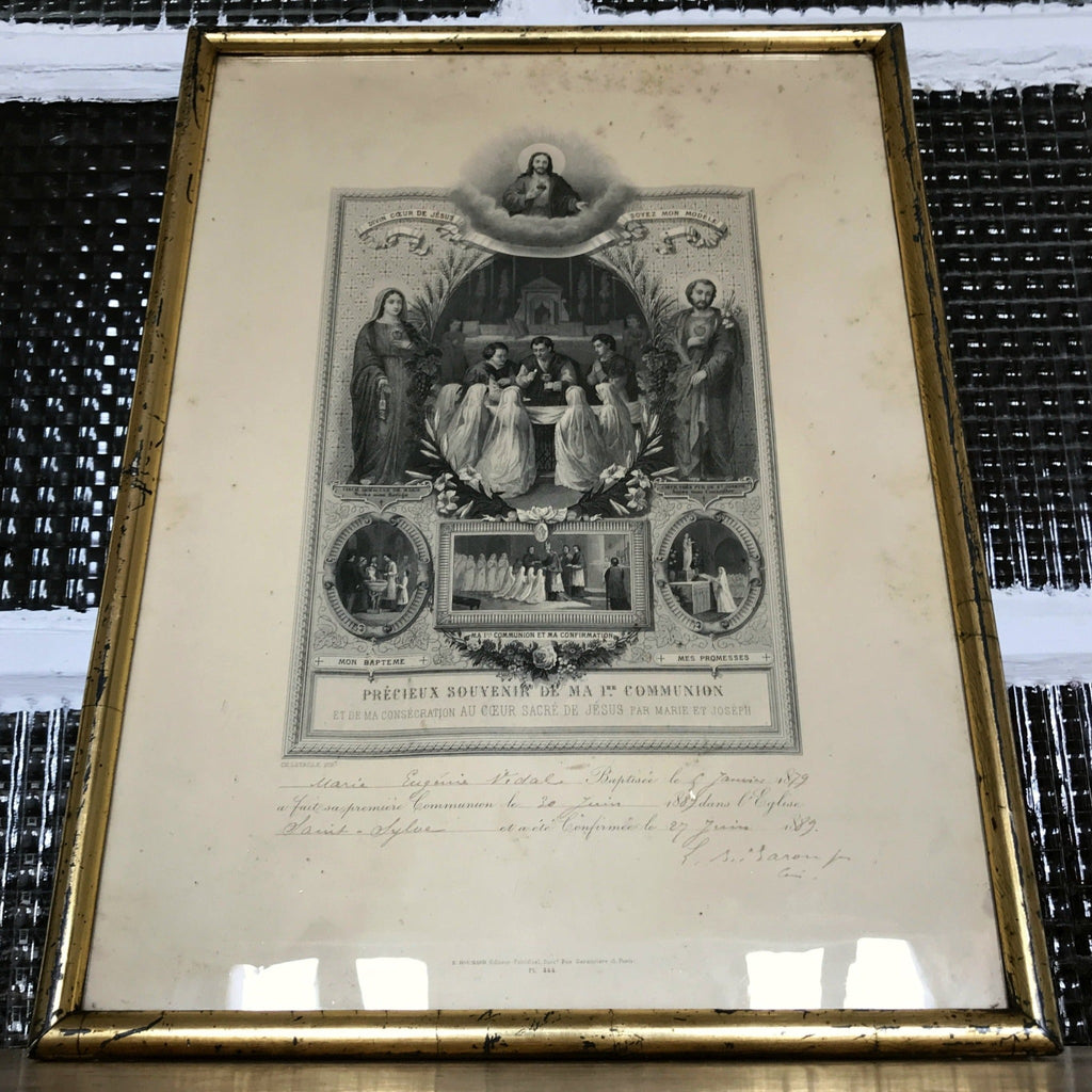 Lithographie religieuse Précieux souvenir de ma 1ère communion 1889 - Hello Broc