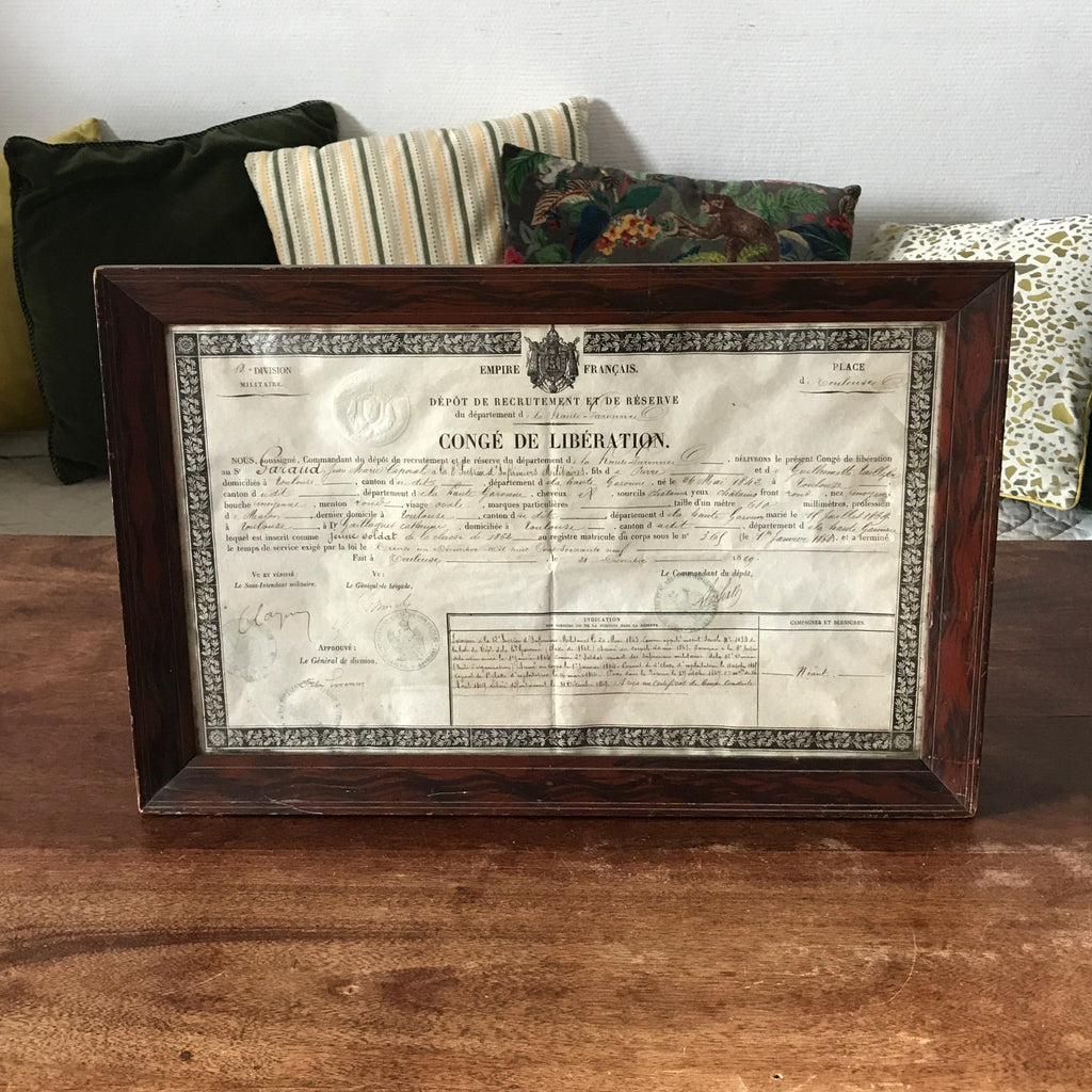 Congé de Libération Empire Français du 31 décembre 1869 encadré - Hello Broc