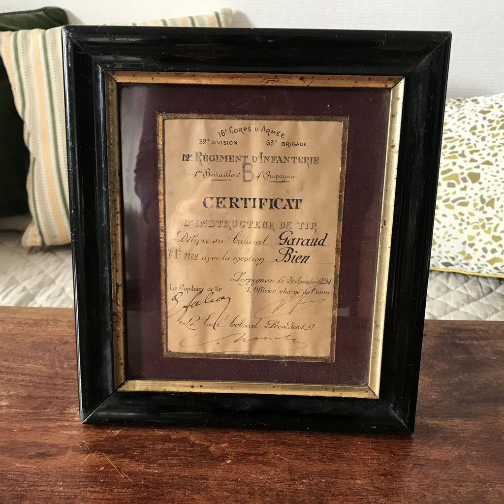 Certificat militaire d'instructeur de Tir 1891 dans son cadre d'origine - Hello Broc