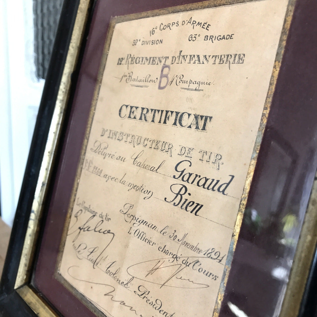 Certificat militaire d'instructeur de Tir 1891 dans son cadre d'origine - Hello Broc