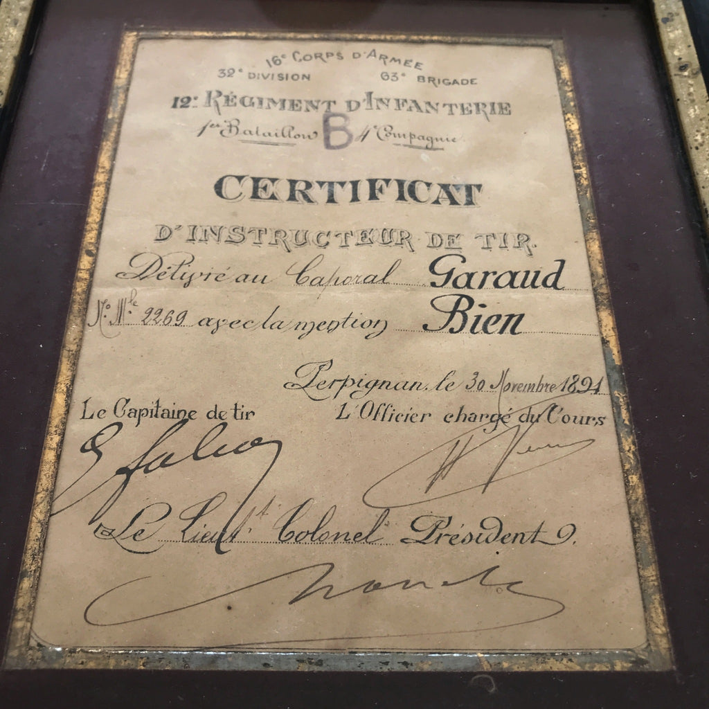Certificat militaire d'instructeur de Tir 1891 dans son cadre d'origine - Hello Broc