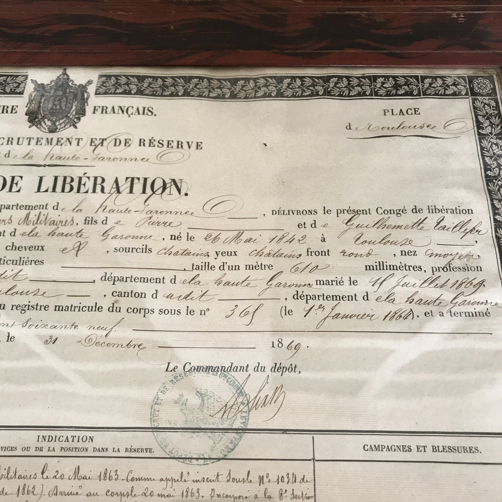 Congé de Libération Empire Français du 31 décembre 1869 encadré - Hello Broc