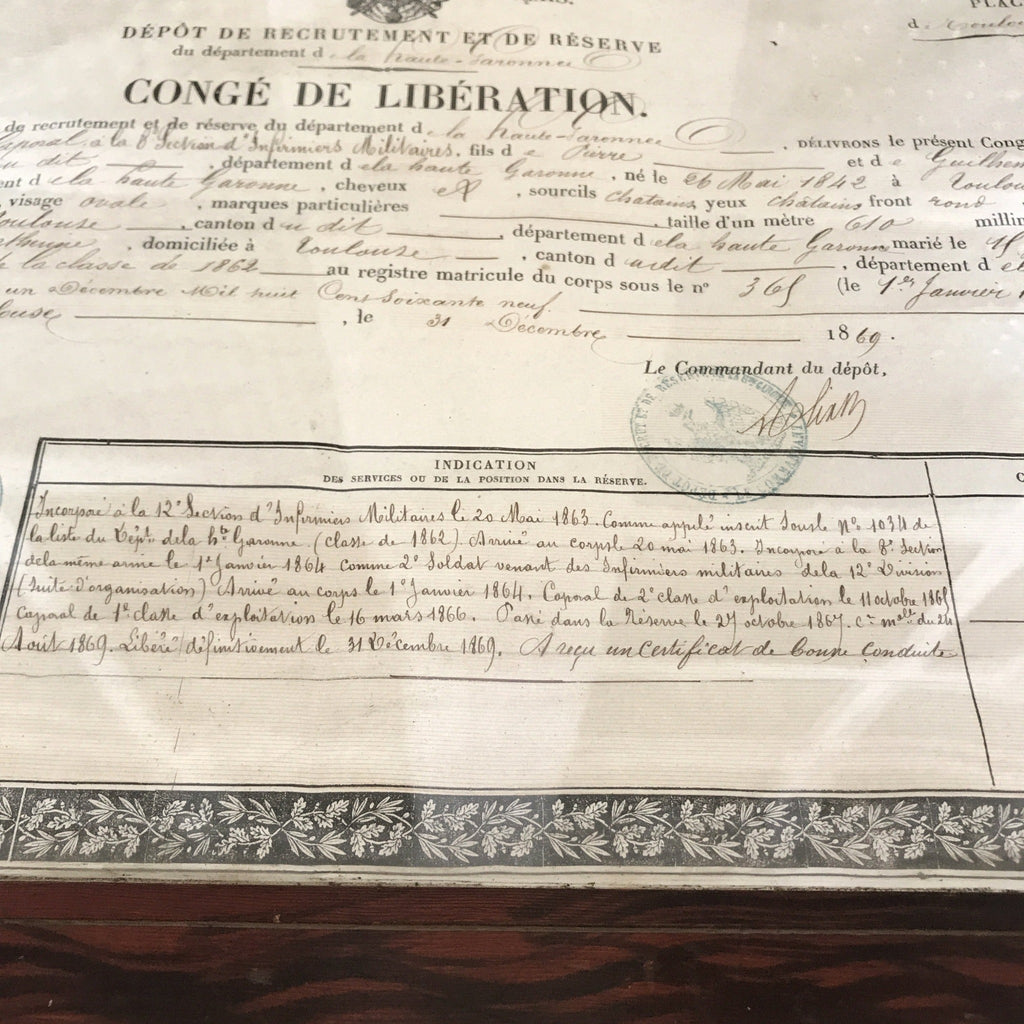 Congé de Libération Empire Français du 31 décembre 1869 encadré - Hello Broc