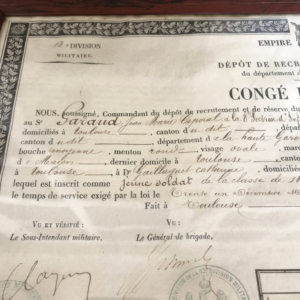 Congé de Libération Empire Français du 31 décembre 1869 encadré - Hello Broc