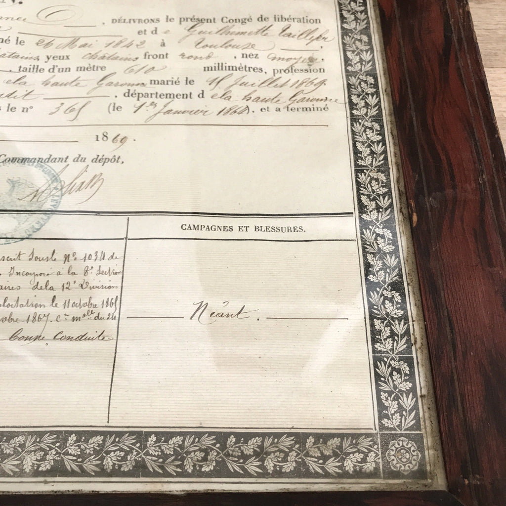 Congé de Libération Empire Français du 31 décembre 1869 encadré - Hello Broc
