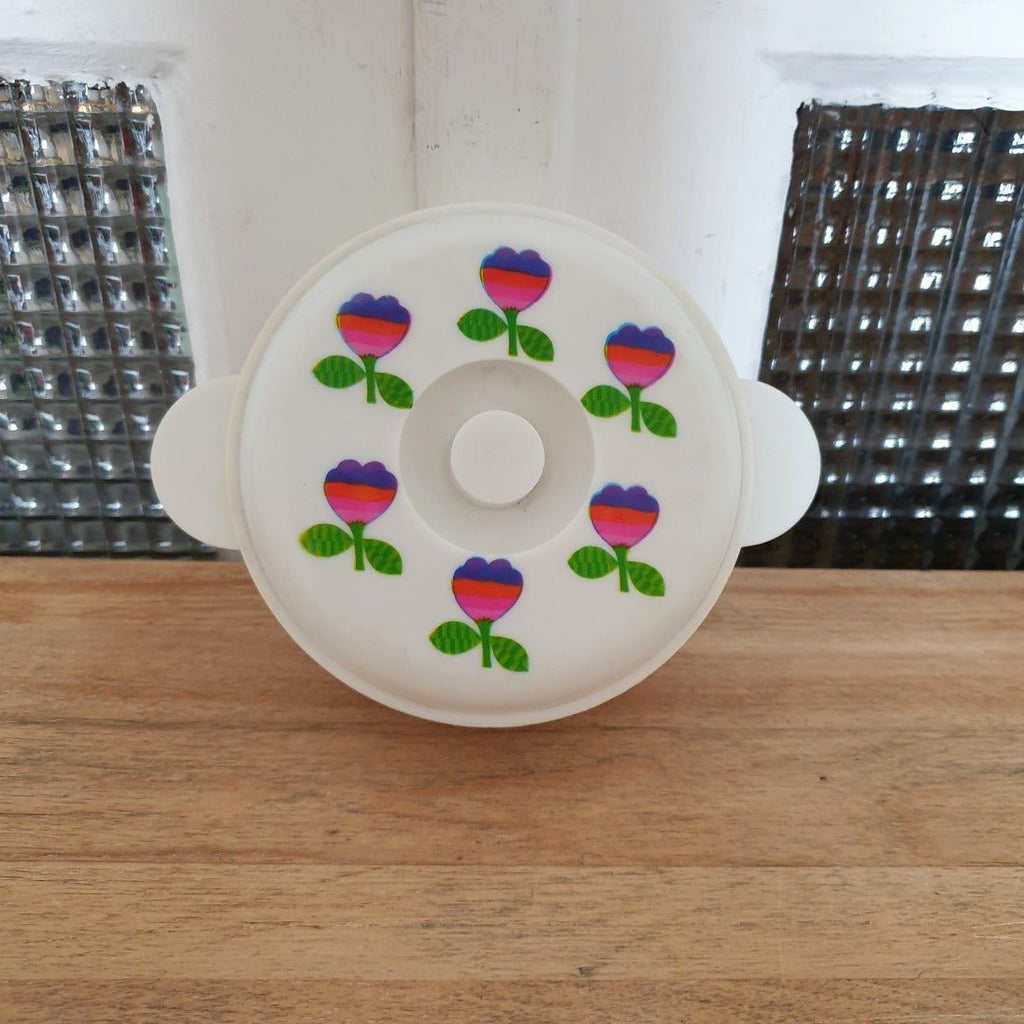 Ensemble dînette en plastique blanc motifs fleuris années 70 80 - Hello Broc