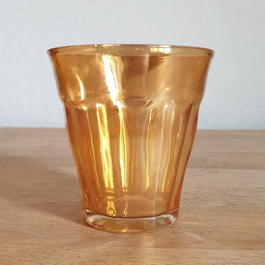 Lot de 6 petits gobelets en verre moulé orange irisé dans le style Picardie de Duralex - Hello Broc