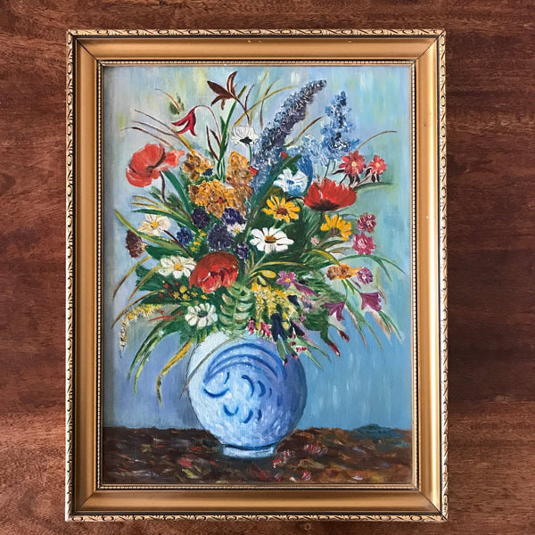 Tableau peinture bouquet fleurs multicolores sur fond bleu encadrement doré 45 cm x 35 cm par Hello Broc brocante en ligne