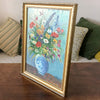 Tableau peinture bouquet fleurs multicolores sur fond bleu encadrement doré 45 cm x 35 cm par Hello Broc brocante en ligne
