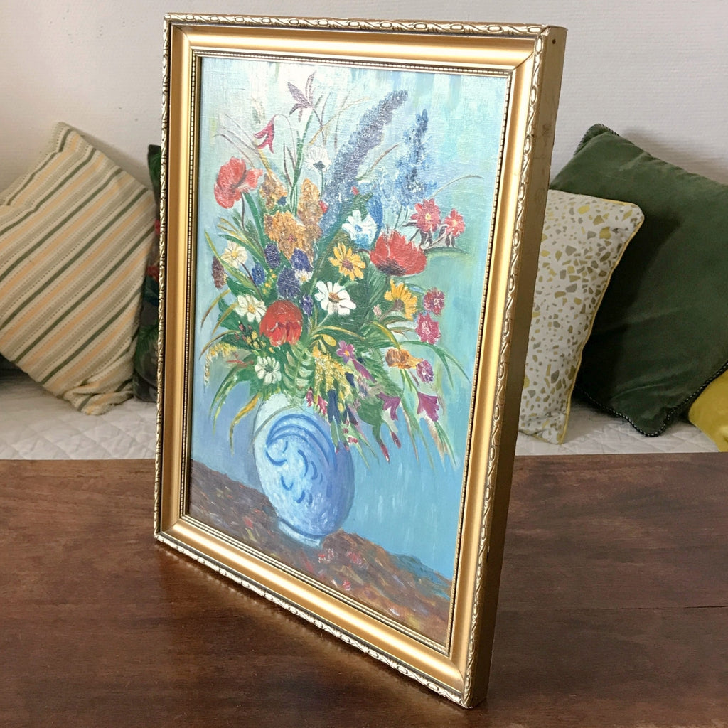 Tableau peinture bouquet fleurs multicolores sur fond bleu encadrement doré 45 cm x 35 cm par Hello Broc brocante en ligne