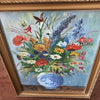 Tableau peinture bouquet fleurs multicolores sur fond bleu encadrement doré 45 cm x 35 cm par Hello Broc brocante en ligne