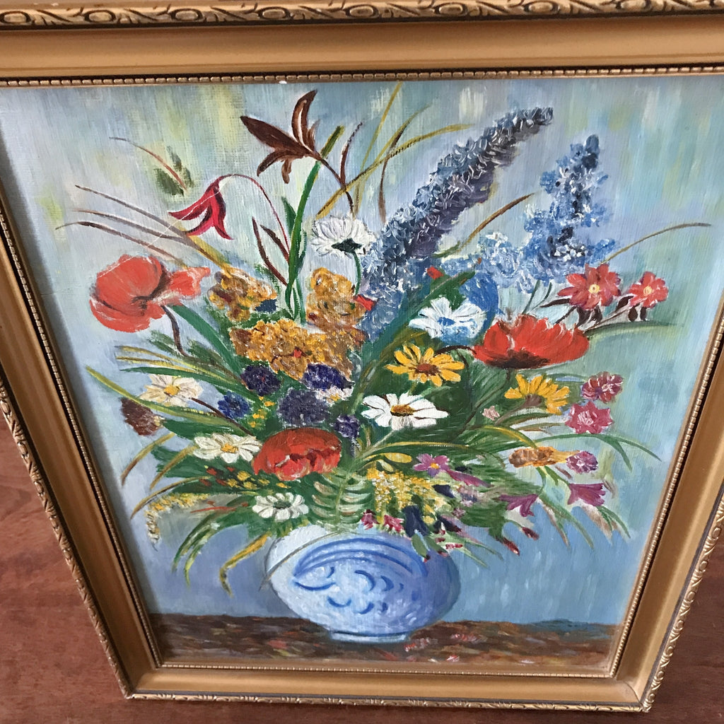 Tableau peinture bouquet fleurs multicolores sur fond bleu encadrement doré 45 cm x 35 cm par Hello Broc brocante en ligne