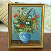 Tableau peinture bouquet fleurs multicolores sur fond bleu encadrement doré 45 cm x 35 cm par Hello Broc brocante en ligne