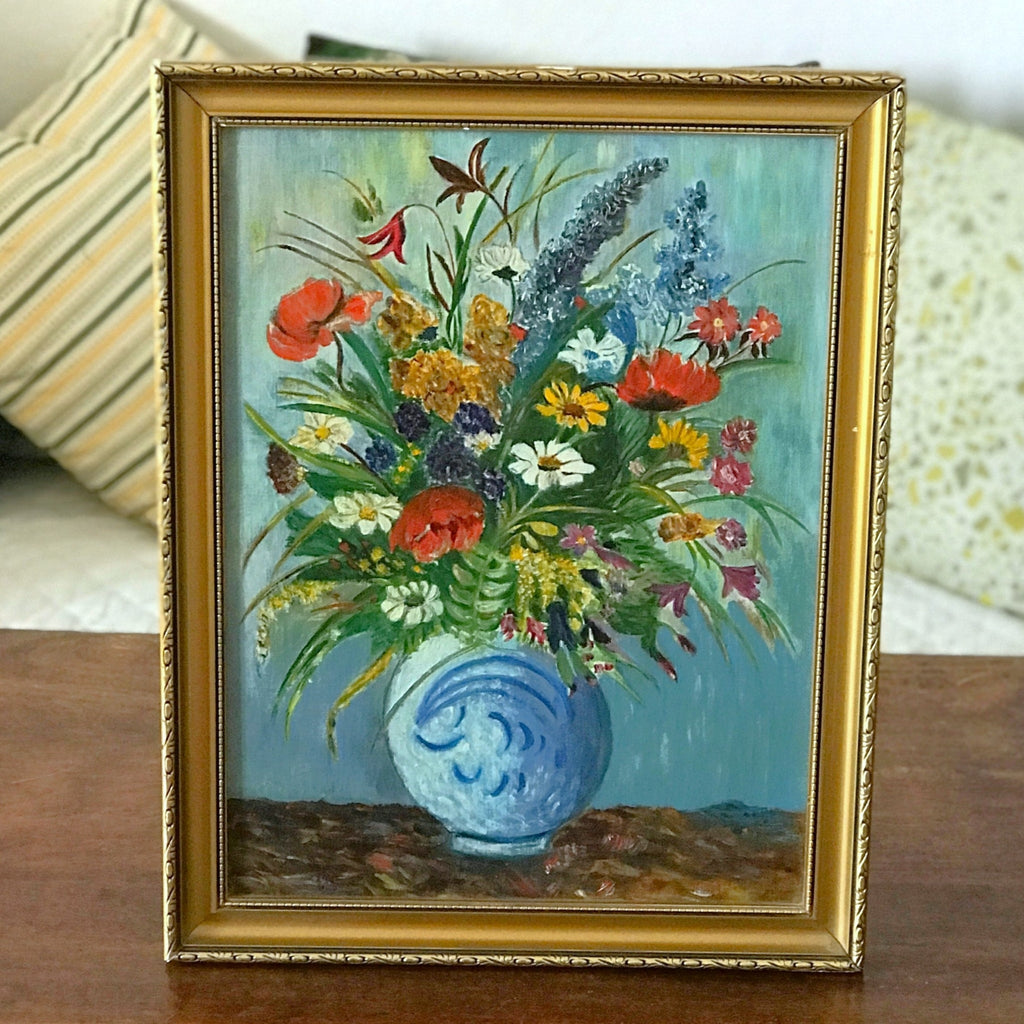 Tableau peinture bouquet fleurs multicolores sur fond bleu encadrement doré 45 cm x 35 cm par Hello Broc brocante en ligne