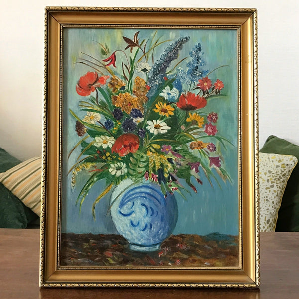 Tableau peinture bouquet fleurs multicolores sur fond bleu encadrement doré 45 cm x 35 cm par Hello Broc brocante en ligne