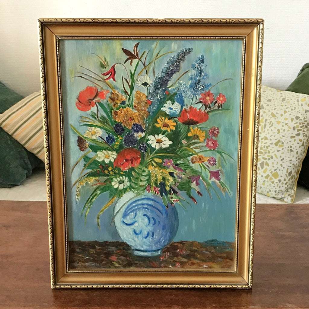 Tableau peinture bouquet fleurs multicolores sur fond bleu encadrement doré 45 cm x 35 cm par Hello Broc brocante en ligne