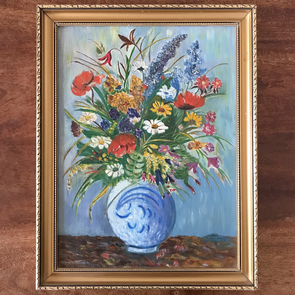 Tableau peinture bouquet fleurs multicolores sur fond bleu encadrement doré 45 cm x 35 cm par Hello Broc brocante en ligne
