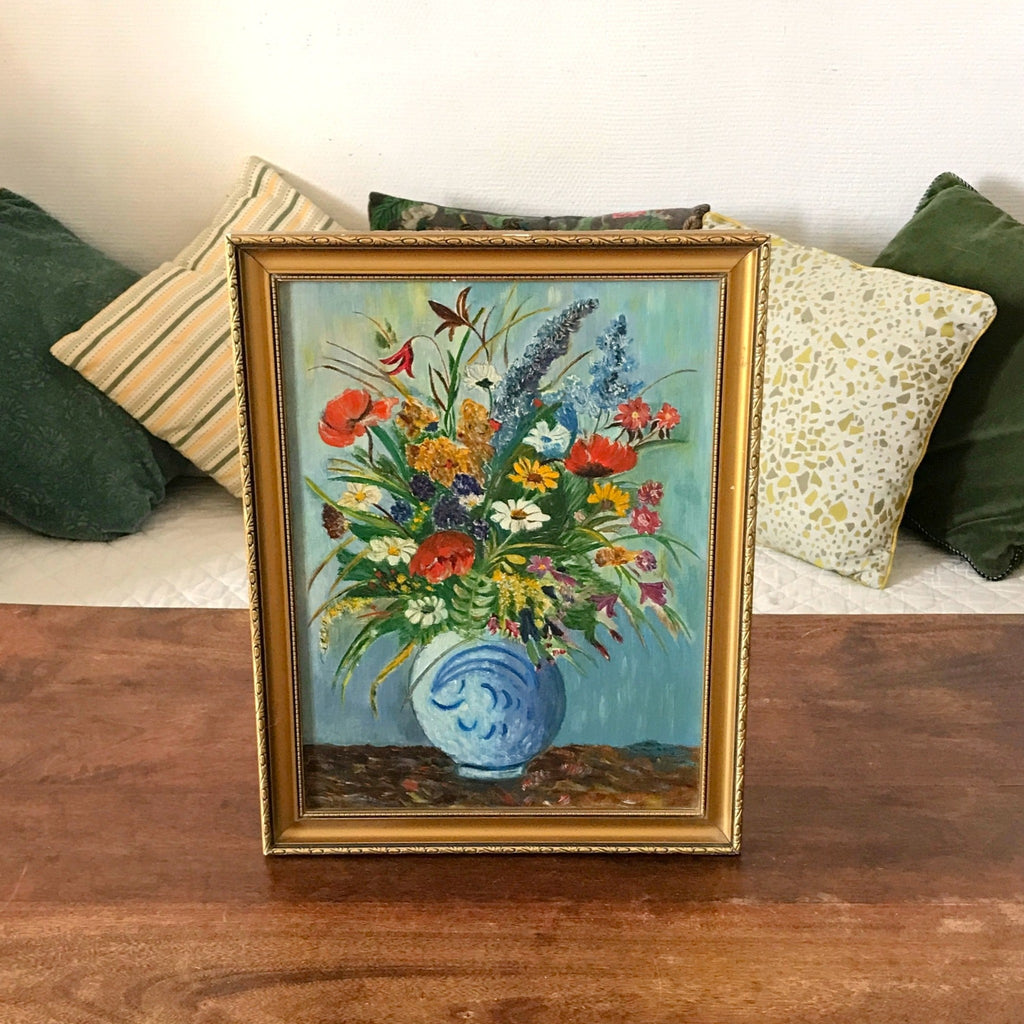 Tableau peinture bouquet fleurs multicolores sur fond bleu encadrement doré 45 cm x 35 cm par Hello Broc brocante en ligne