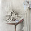 Illustration dessin original au crayon et pastel de E. Naudy (Alfred Renaudin) Circa 1920 - Femme découvrant son chien sur la coiffeuse par Hello Broc brocante en ligne
