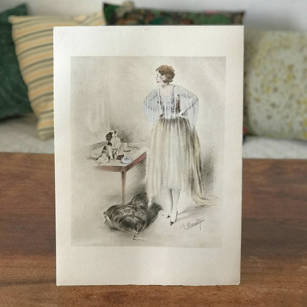 Illustration dessin original au crayon et pastel de E. Naudy (Alfred Renaudin) Circa 1920 - Femme découvrant son chien sur la coiffeuse par Hello Broc brocante en ligne
