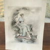Illustration dessin original restauré au crayon et pastel de E. Naudy (Alfred Renaudin) - Femme au bord d'un étang avec son chien - Circa 1920 par Hello Broc brocante en ligne