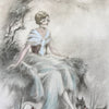 Illustration dessin original restauré au crayon et pastel de E. Naudy (Alfred Renaudin) - Femme au bord d'un étang avec son chien - Circa 1920 par Hello Broc brocante en ligne