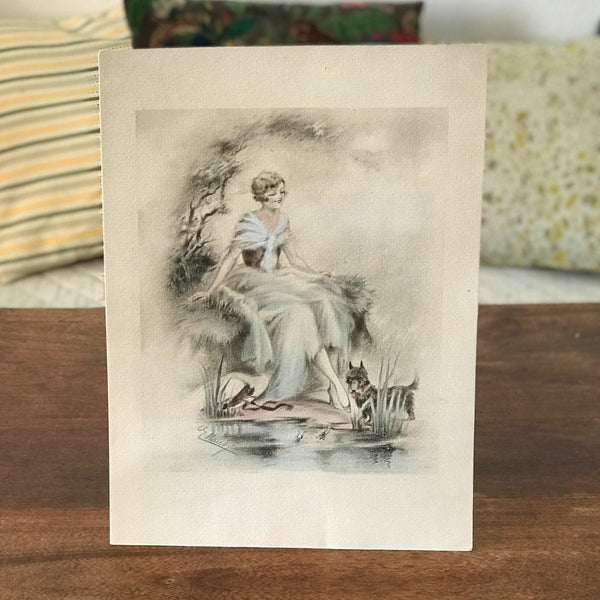 Illustration dessin original restauré au crayon et pastel de E. Naudy (Alfred Renaudin) - Femme au bord d'un étang avec son chien - Circa 1920 par Hello Broc brocante en ligne