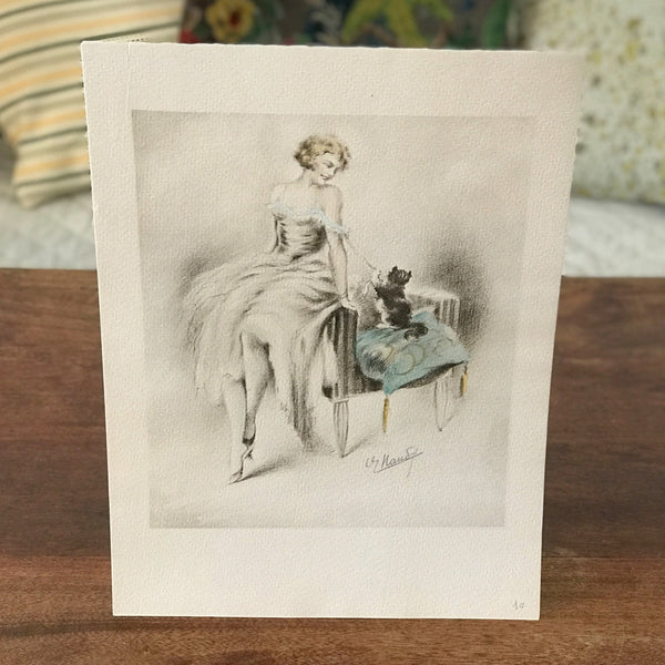 Illustration originale restaurée au crayon et pastel de E. Naudy (Alfred Renaudin) Circa 1920 - Femme et son chat jouant sur un fauteuil par Hello Broc brocante en ligne