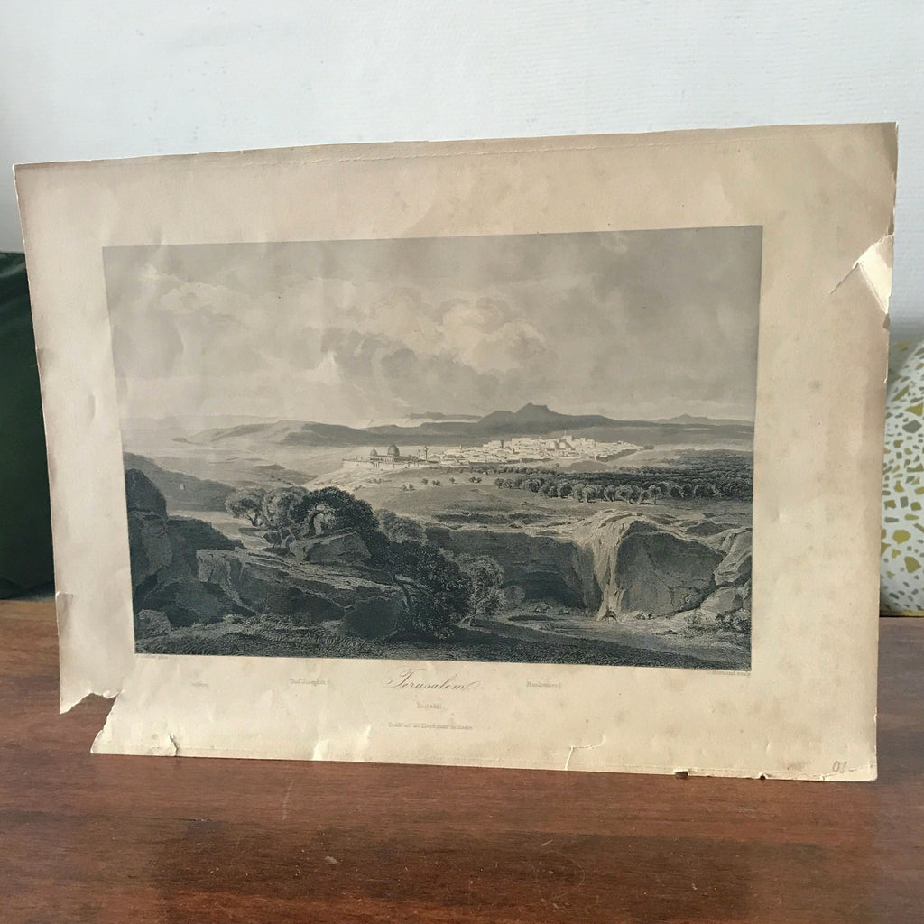 Estampe noir et blanche de Jerusalem vue de la vallée de Josaphat 1865 imprimée par Lloyd à Trieste par Hello Broc brocante en ligne