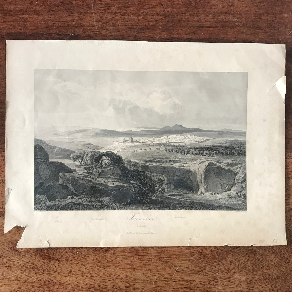 Estampe noir et blanche de Jerusalem vue de la vallée de Josaphat 1865 imprimée par Lloyd à Trieste par Hello Broc brocante en ligne