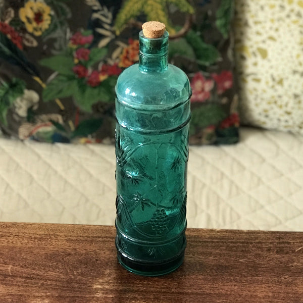 Bouteille bleue droite col court en verre moulé - Hello Broc