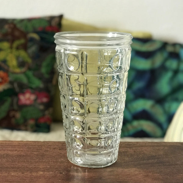 Vase de forme évasée en verre moulé années 70 décor quadrillé et rond en cabochons - Hello Broc
