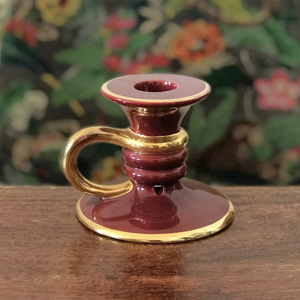 Bougeoir à main vintage en céramique vernissée bordeaux par Hello Broc brocante en ligne