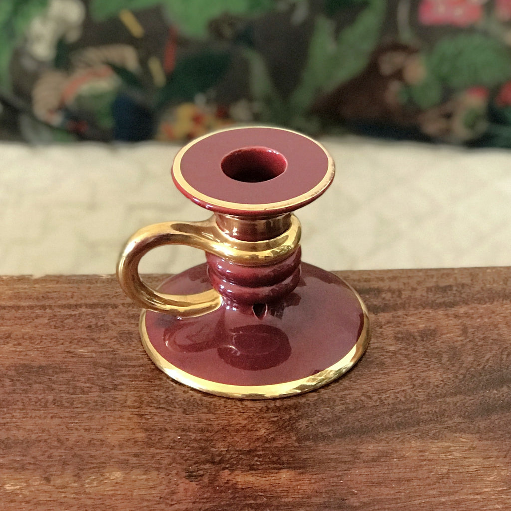 Bougeoir à main vintage en céramique vernissée bordeaux par Hello Broc brocante en ligne
