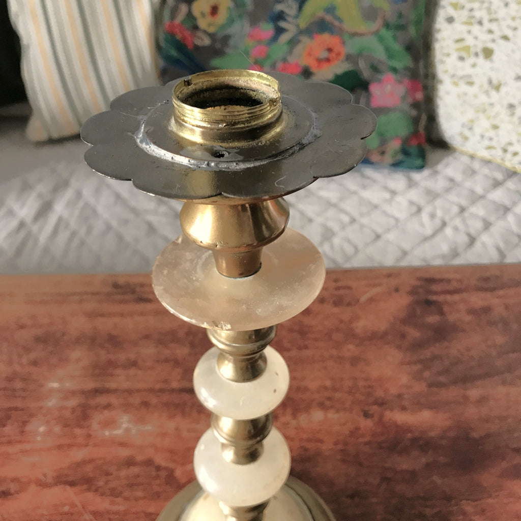 Bougeoir en laiton, cuivre et albâtre Napoléon III fin XIXème par Hello Broc brocante en ligne