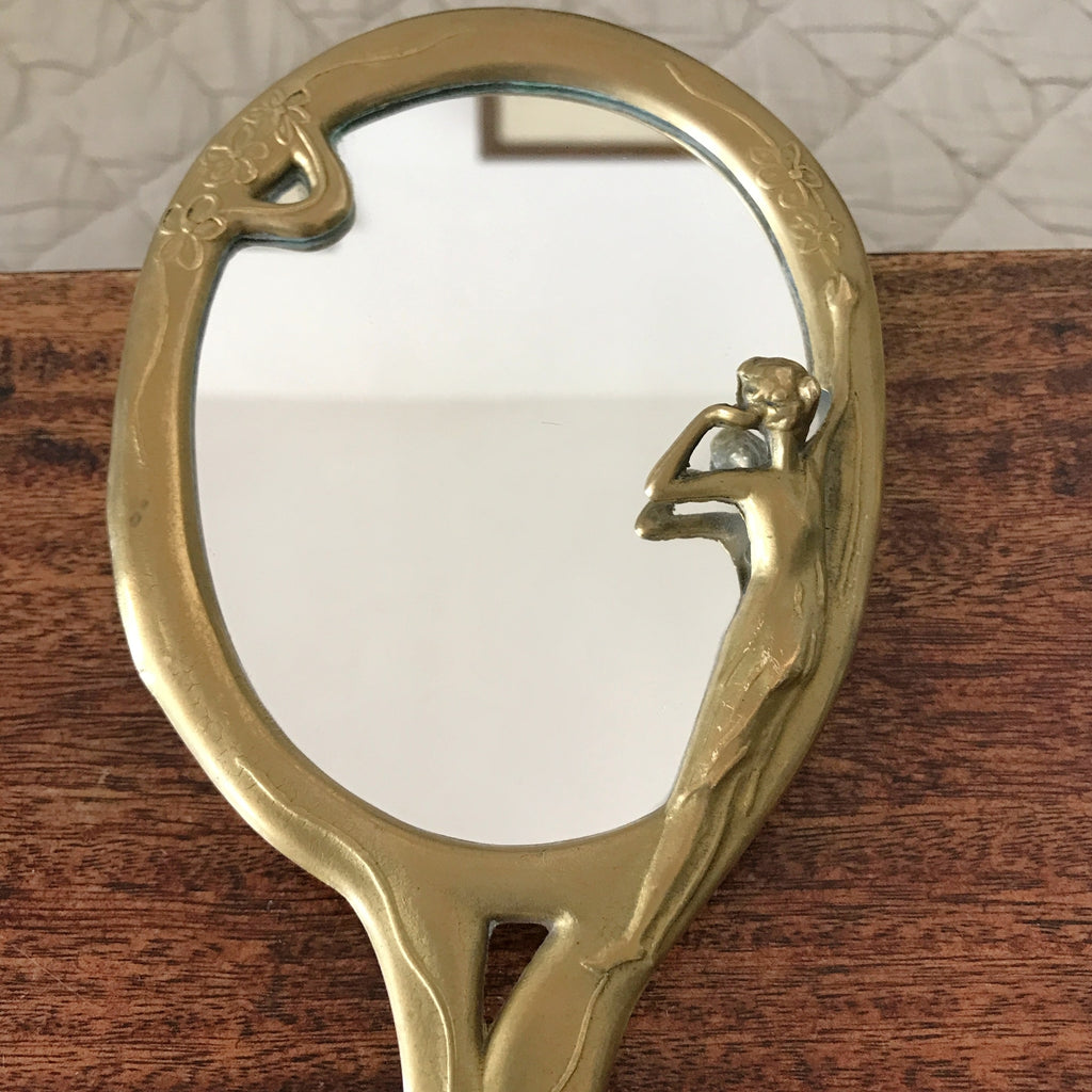 Miroir à main ovale Art Nouveau en bronze doré par Hello Broc brocante en ligne
