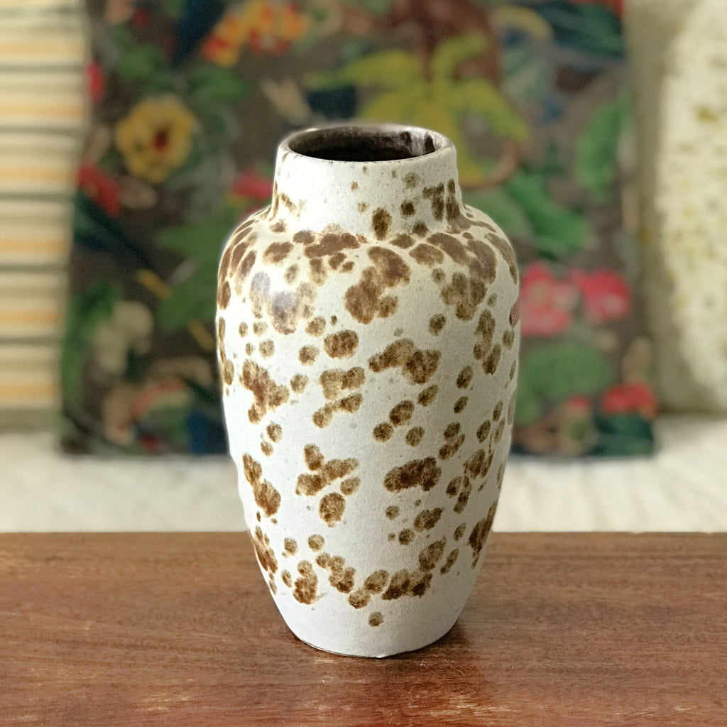 Vase vintage en grès beige gris moucheté tâcheté marron Scheurich par Hello Broc brocante en ligne