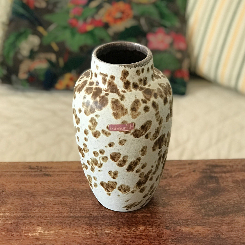 Vase vintage en grès beige gris moucheté tâcheté marron Scheurich par Hello Broc brocante en ligne